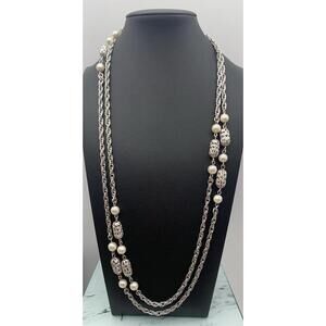 Vintage Sarah Coventry 53” Silver Tone Necklace W Ornate Filigree & Faux Pearls